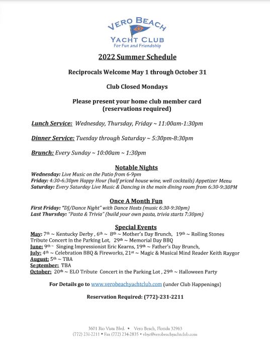 2022 Local Summer Reciprocity - Vero Beach Yacht Club