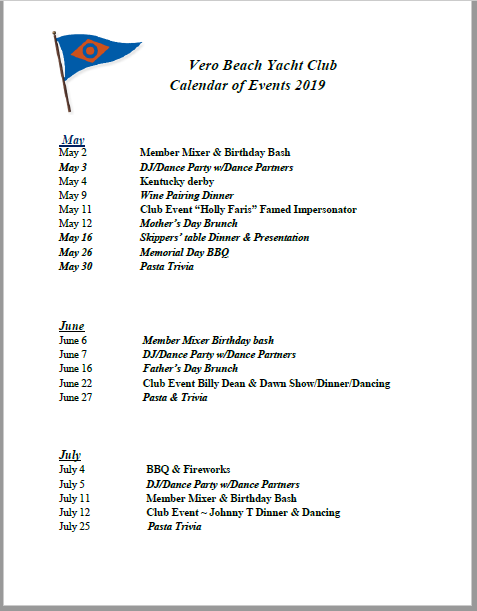 6 Month Social Calendar - Vero Beach Yacht Club